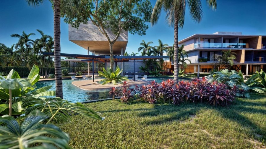 Piscina e jardins do empreendimento — perspectiva artística — Capela Exclusive